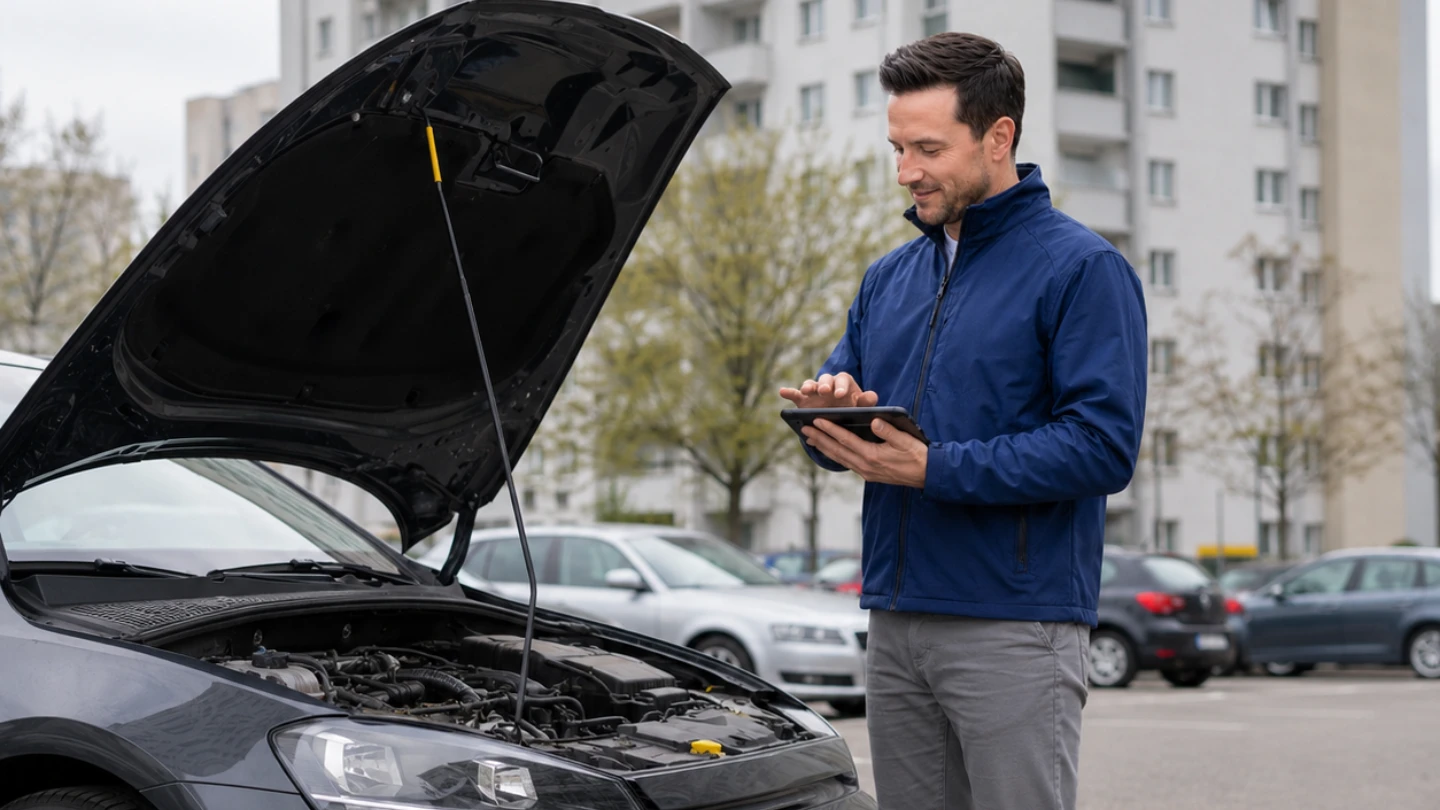 Autohändler prüft Fahrzeugmotor in Rees Wohngebiet
